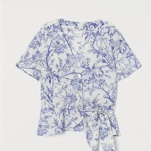 H&M Linen Wrapover Blouse Blue White Floral Summer Mediterranean Casual Coastal